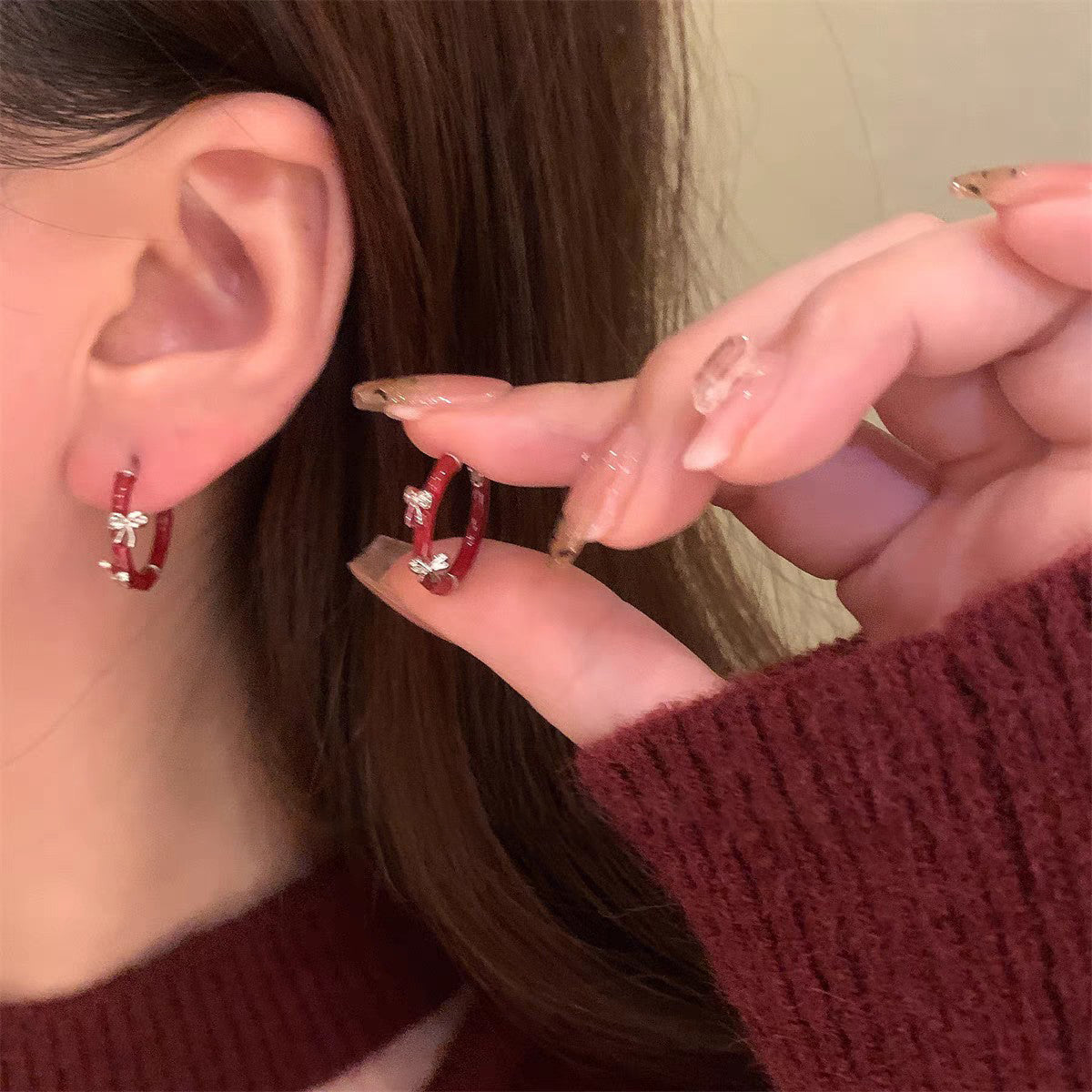 1 Pair 999 Sterling Silver Wine Red Enamel Butterfly Hoop Earrings, Retro & Elegant, Perfect For Daily, Dating & Festivals, Ideal Valentine's Gift