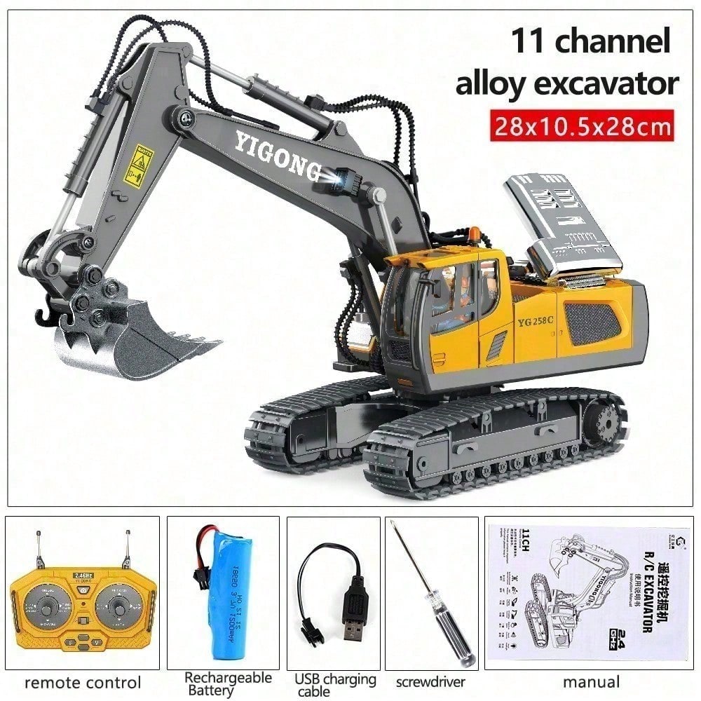 11 Channel Alloy RC Excavator Toy With 2.4GHz, Simulated Digging, 680 Rotation, Lights And Sounds Construction Vehicle Gift For Kids Ages 6