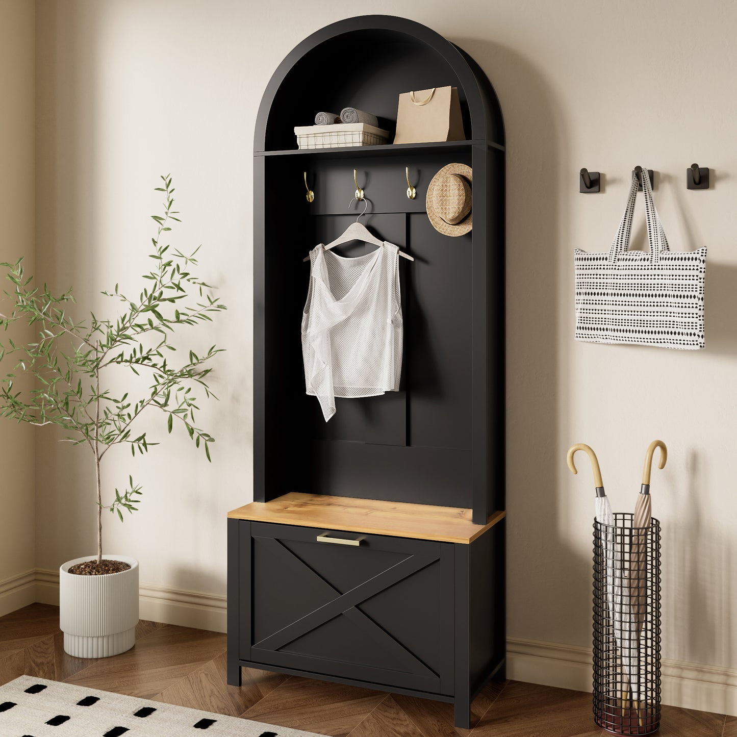 Multifunctional Wardrobe Cabinet With Shoe Rack, Shelf & Hook  Hall Tree For Entrance Area, Durable MDF Body, Modern Design, Sturdy Iron Feet, Practical Storage