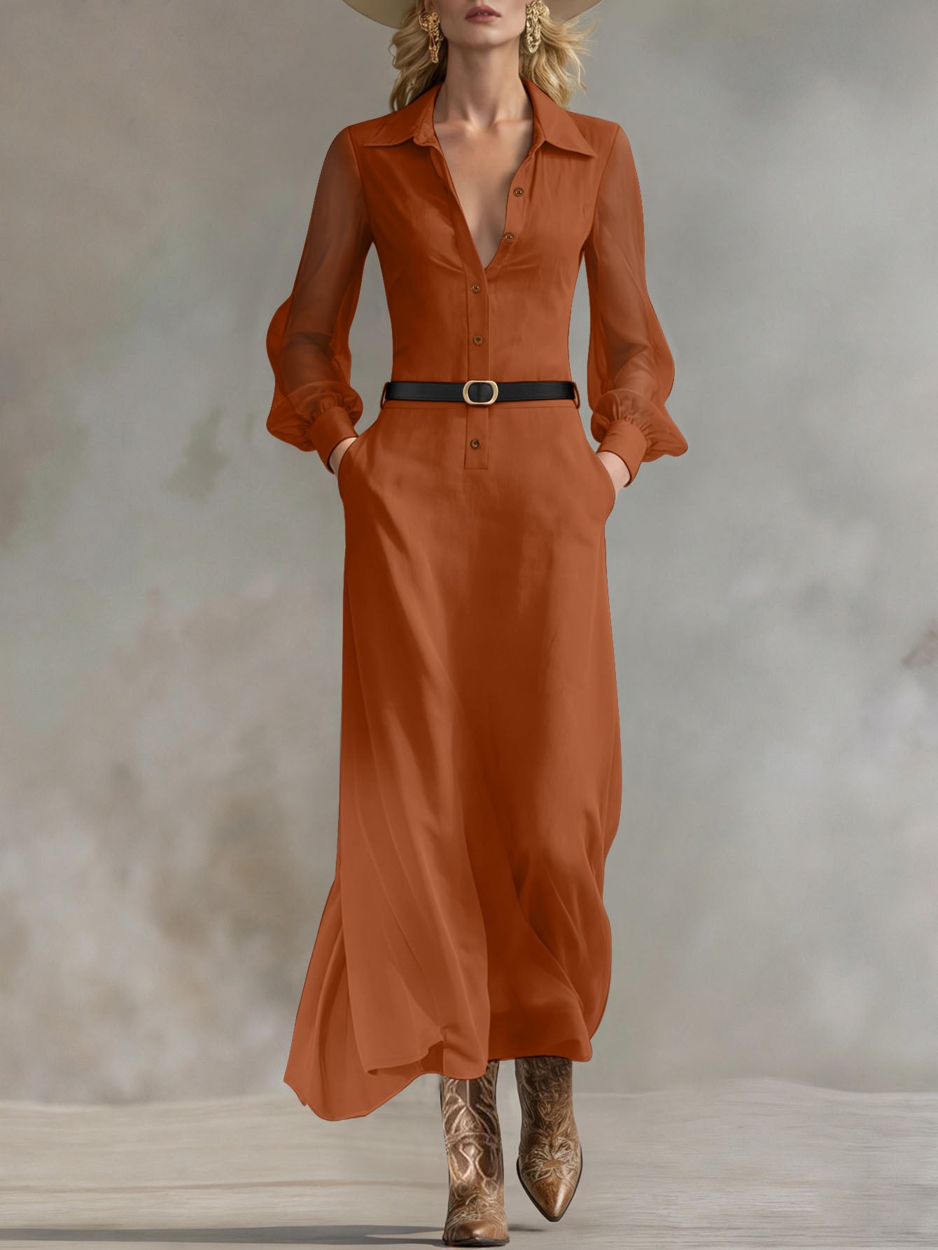 Women's Collared Neck Sheer Puff Sleeve Button Front Belted Maxi Shirt Dress Elegant Office Wear Maxi Dress
