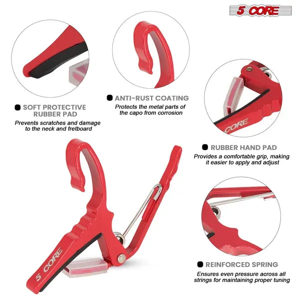 5Core Capo Acoustic Electric Guitar String Clip Banjo Mandolin Or Ukulele + 6Pcs Guitar Picks Celluloid Puas Para Guitarra + Carry Bag - CAPO AL RED