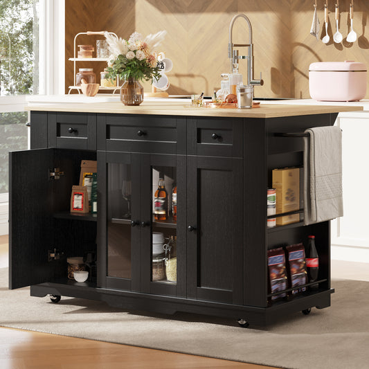 Kitchen Island, Removable Dividers, Kitchen Cabinet, Dining Cart With Countertop, Buffet Cabinet, Wood-Grain Dining Cart, Buffet Cabinet, Tempered Glass Cabinet, Black