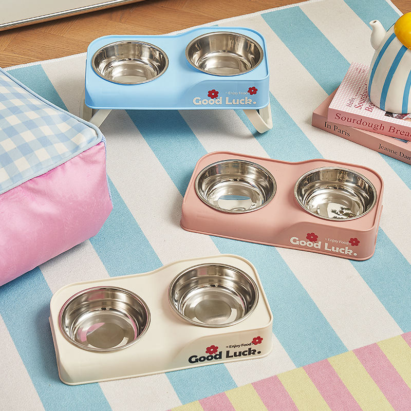 Foldable Stainless Steel Dual Bowl Non-Tip Stainless Steel Feeding Bowl