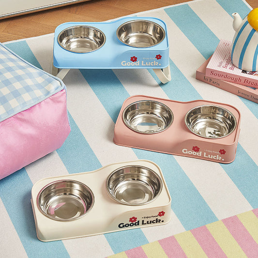 Foldable Stainless Steel Dual Bowl Non-Tip Stainless Steel Feeding Bowl