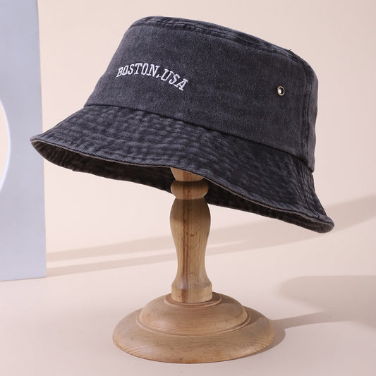 Single-color BOST Embroidered Washed-out Distressed Korean-style Simple Wide-brimmed Fisherman Hat, Suitable For Daily Outings And Shopping.