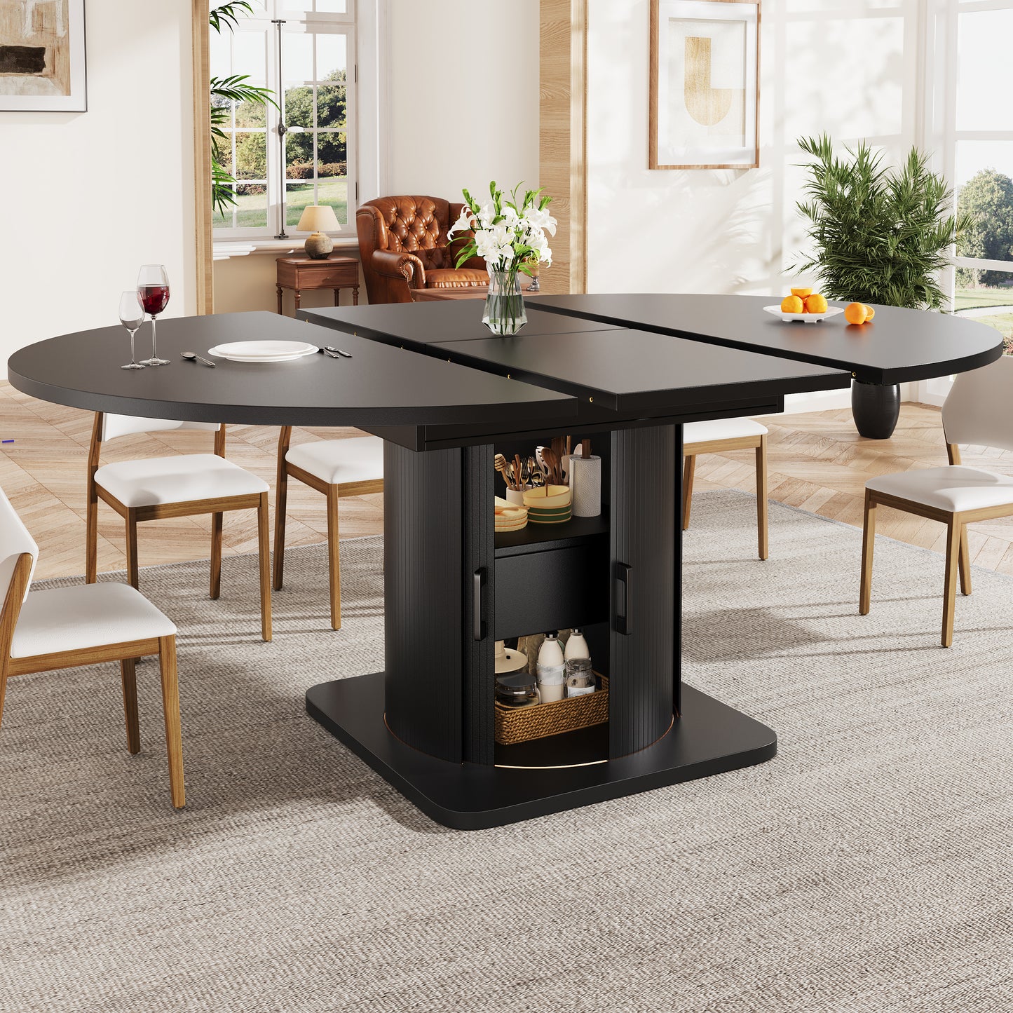 Extendable Dining Table, Dining Room Table, Kitchen Table, Round Dining Table, Extends To Oval, 118-158 Cm, Seats Up To 6 People, Dining Table With Drawers, Black