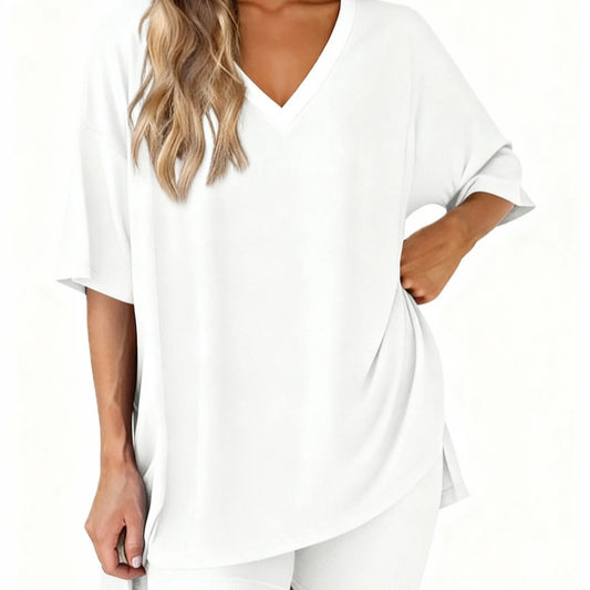 Comfortable And Stylish Womens Casual V-neck Loose-fit T-shirt And Elastic-waist Shorts Set For Home Wear
