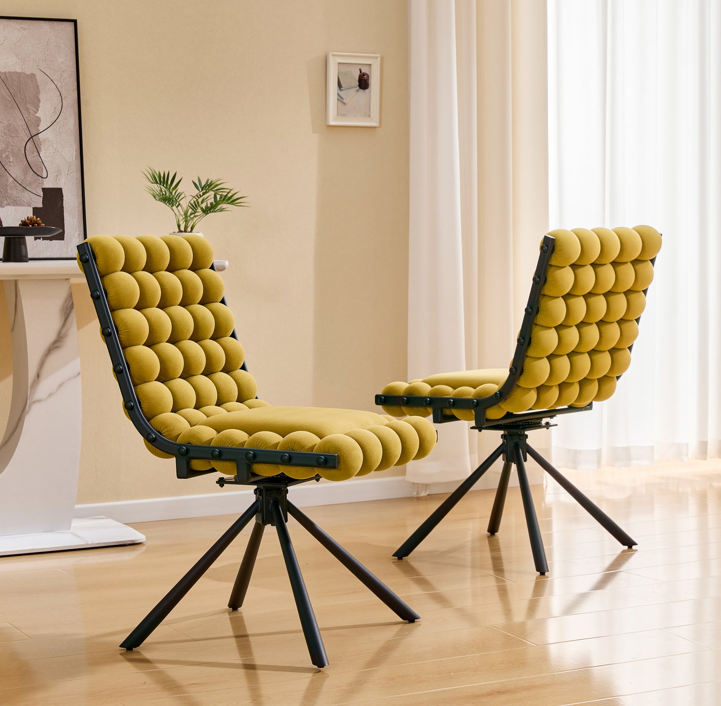Set Of 2 Bubble Chair Ball Chain Chair Velvet Dining Chairs With Black Legs, Modern Tufted Accent Chairs For Dining Room & Kitchen