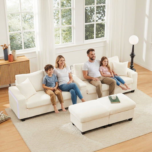 U-shaped Corduroy Sofa With 2 Stools, Reading Lamp, Folding Shelf, Cup Holder & USB Type-C, Armrests On Both Sides With Decorative LED Lighting, Beige, Dimensions 334x128.5x81 Cm 9906
