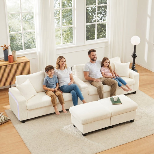 U-shaped Corduroy Sofa With 2 Stools, Reading Lamp, Folding Shelf, Cup Holder & USB Type-C, Armrests On Both Sides With Decorative LED Lighting, Beige, Dimensions 334x128.5x81 Cm 9906