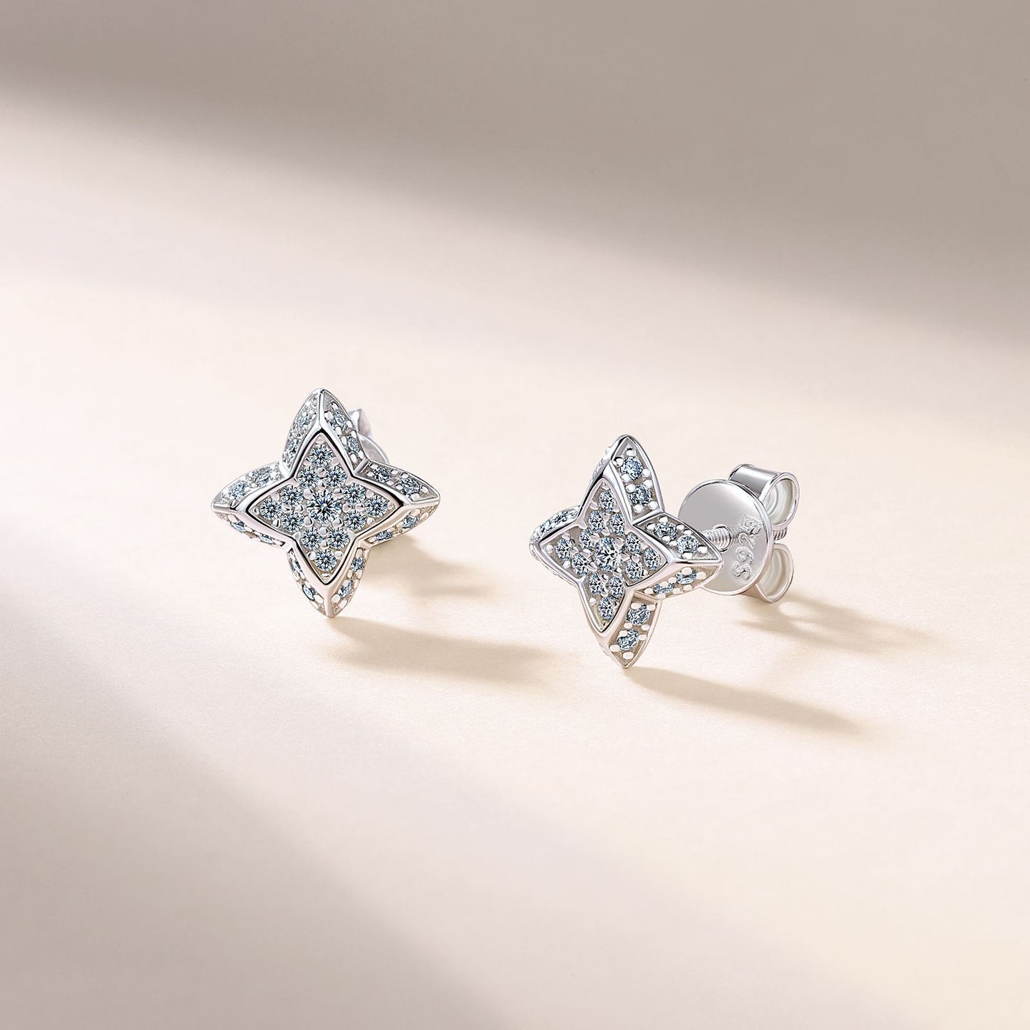 S925 Sterling Silver Four-Pointed Star Stud Earrings, D-VVS1 Moissanite Cluster, Platinum Plated 2g Women's Jewelry With Gift Box