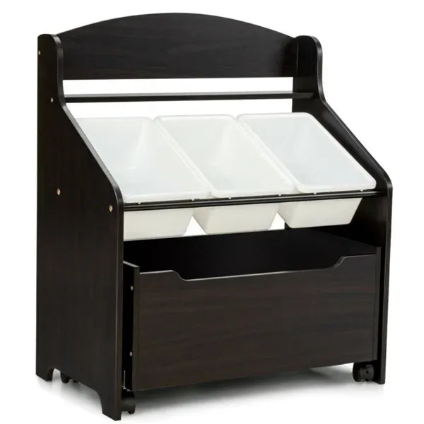 Dark Brown Multifunctional Kids Storage Cabinet With Large Capacity Toy Box And Display Shelf, Safe Rounded Corner Children Organizer For Toys Books