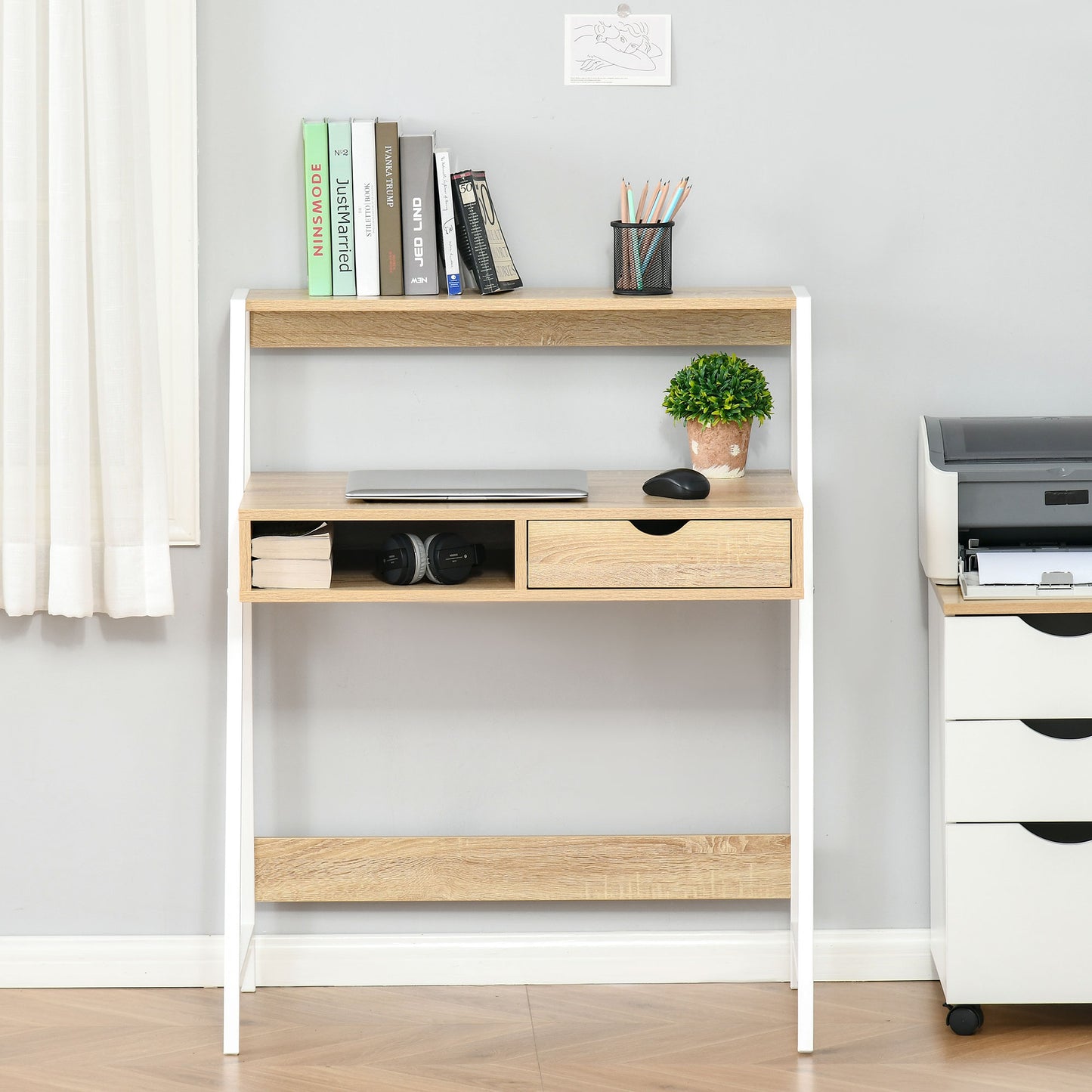 Home Office desk, Computer Desk for Small Spaces, Study Table with Drawer and Storage Shelves, Natural