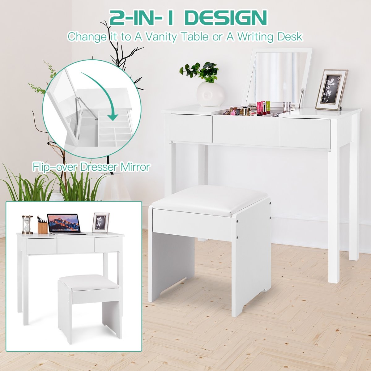 Vanity Makeup Dressing Table Set With Flip Top Mirror And Cushioned Stool-White