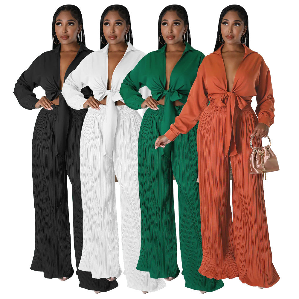 Cross Border Autumn Best-selling Women's Long Sleeve V-neck Lace-up Top Pleated Blouse And Pants Wholesale