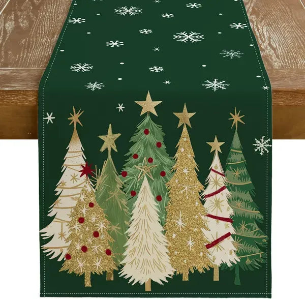 Christmas Table Runner 13x72 Inch, Xmas Trees Snowflakes Holiday Decorative Farmhouse Table Decoration For Kitchen Dinning, Indoor Outdoor Dinner Party Decor