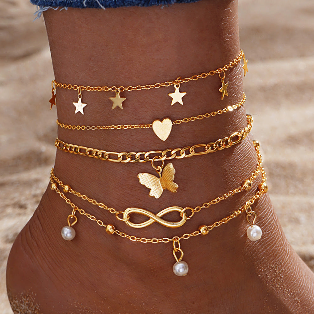 Best Seller In Europe And America Butterfly Pearl Heart Anklet 4-piece Set Multi-layer