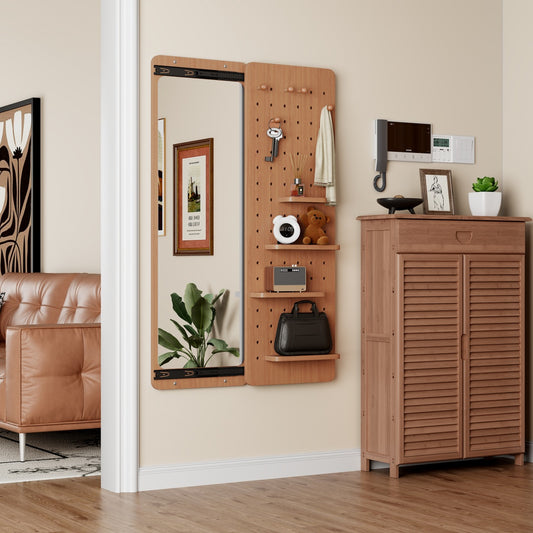 Wall Mounted Full Length Mirror, Full Body Mirror With Shelf, Full Body Mirror With Hook Wall Mounted Mirror With Multifunctional Design Panel, Bedroom Living Room Entrance Cherry 47.6x15.7in