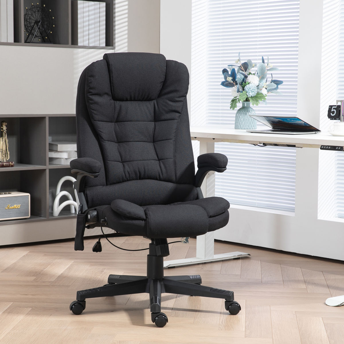 6 Point Vibrating Massage Office Chair With Heat, Linen High Back Massage Desk Chair With Reclining Backrest, Black