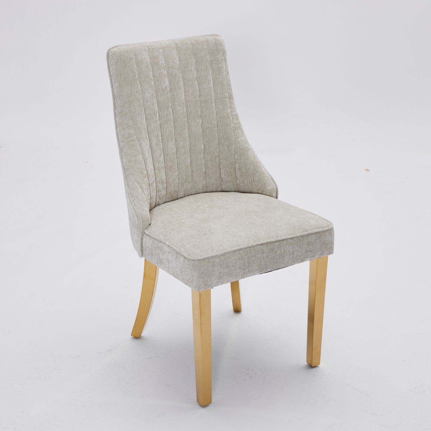 Rayon Cloth Flocking Chenille Dining Chairs Channel Kitchen Dinner Chair Comfy Fabric Upholstered Accent Chair For Dining Room With Golden Stainless Steel Plating Legs,Set Of 2  Beige  DE1647BG