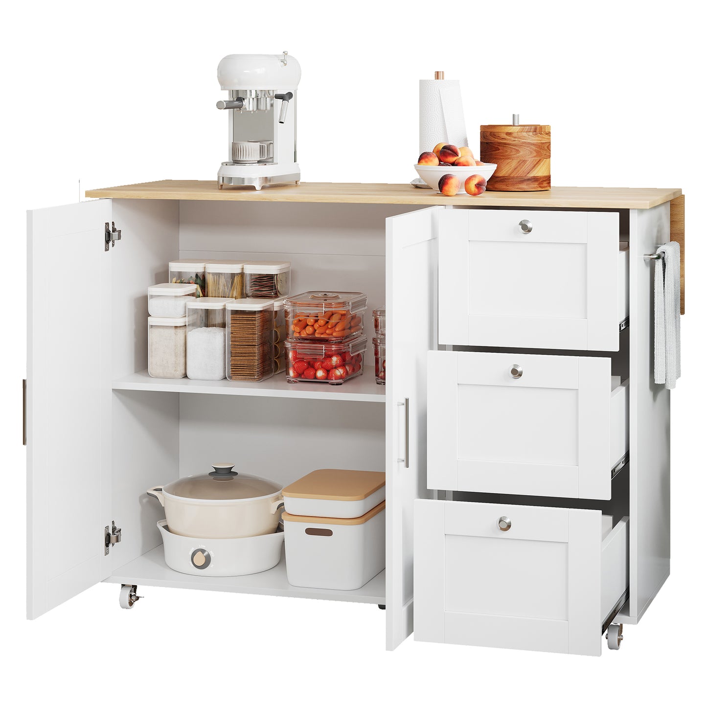 L135XW44XH90cm Large Mobile Kitchen Table, Oak Countertop, Folding Design, Multifunctional Cabinet, 3 Drawers, Towel Rail, Suitable For Kitchen, Dining Room, Home