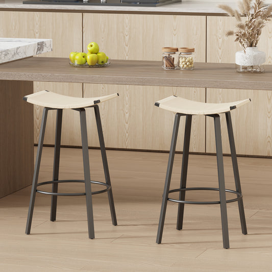 Counter Height Bar Stools Backless Handwoven Kitchen Dining Chairs With Round Footrest Set Of 2 PVC Weaving Pub Stool For Indoor & Outdoor  Black & Creamy White