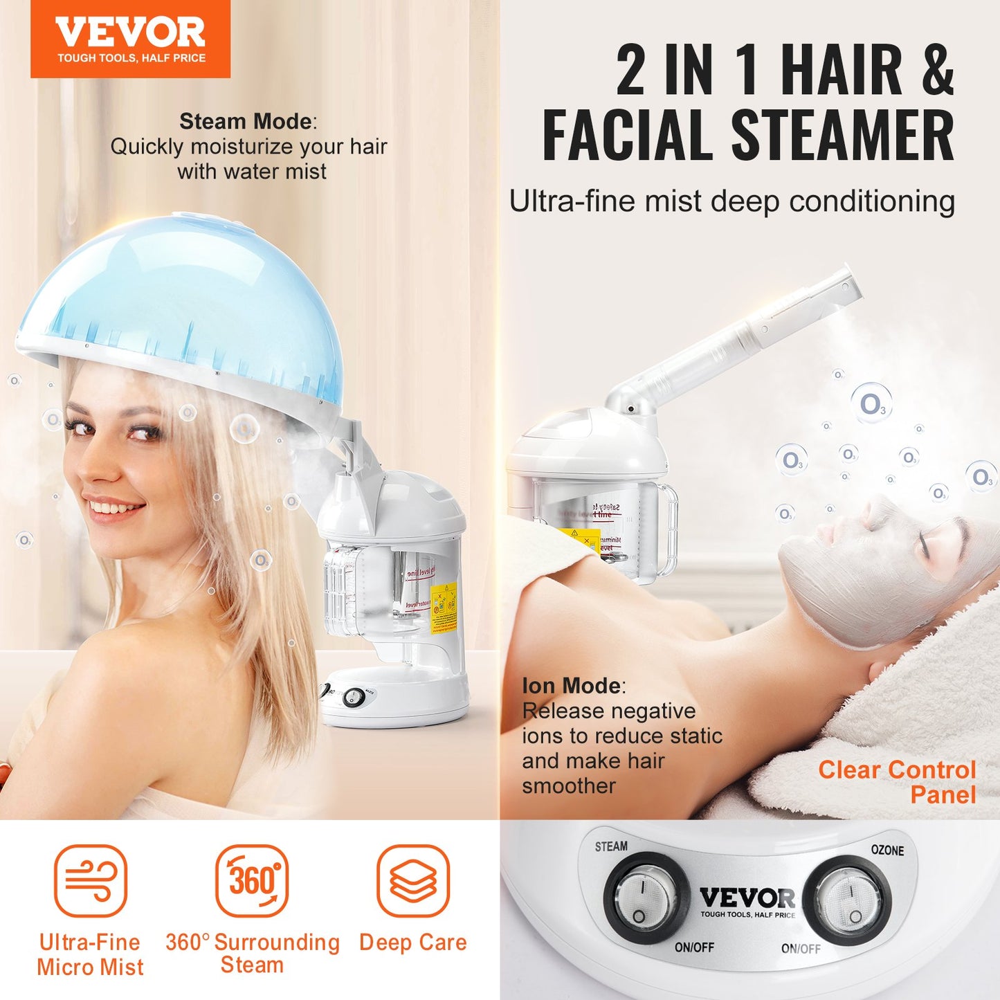 Hair Steamer, 2-in-1 Professional Hair & Facial Steamer With Detachable Bonnet Hood, Nano Ionic & UV Ozone Face Steamer With 360° Rotatable Sprayer For Salon Spa Home Beauty
