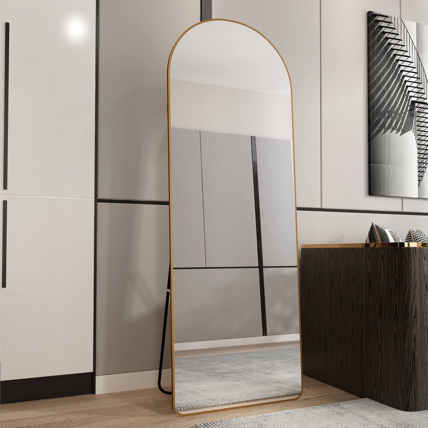 The 4st Generation Of Floor Mounted Full Length Mirrors. Aluminum Alloy Metal Frame Arched Wall Mirror, Bathroom Makeup Mirror, Bedroom Porch, Clothing Store.Gold Frame.64.9 Inx 23.2in