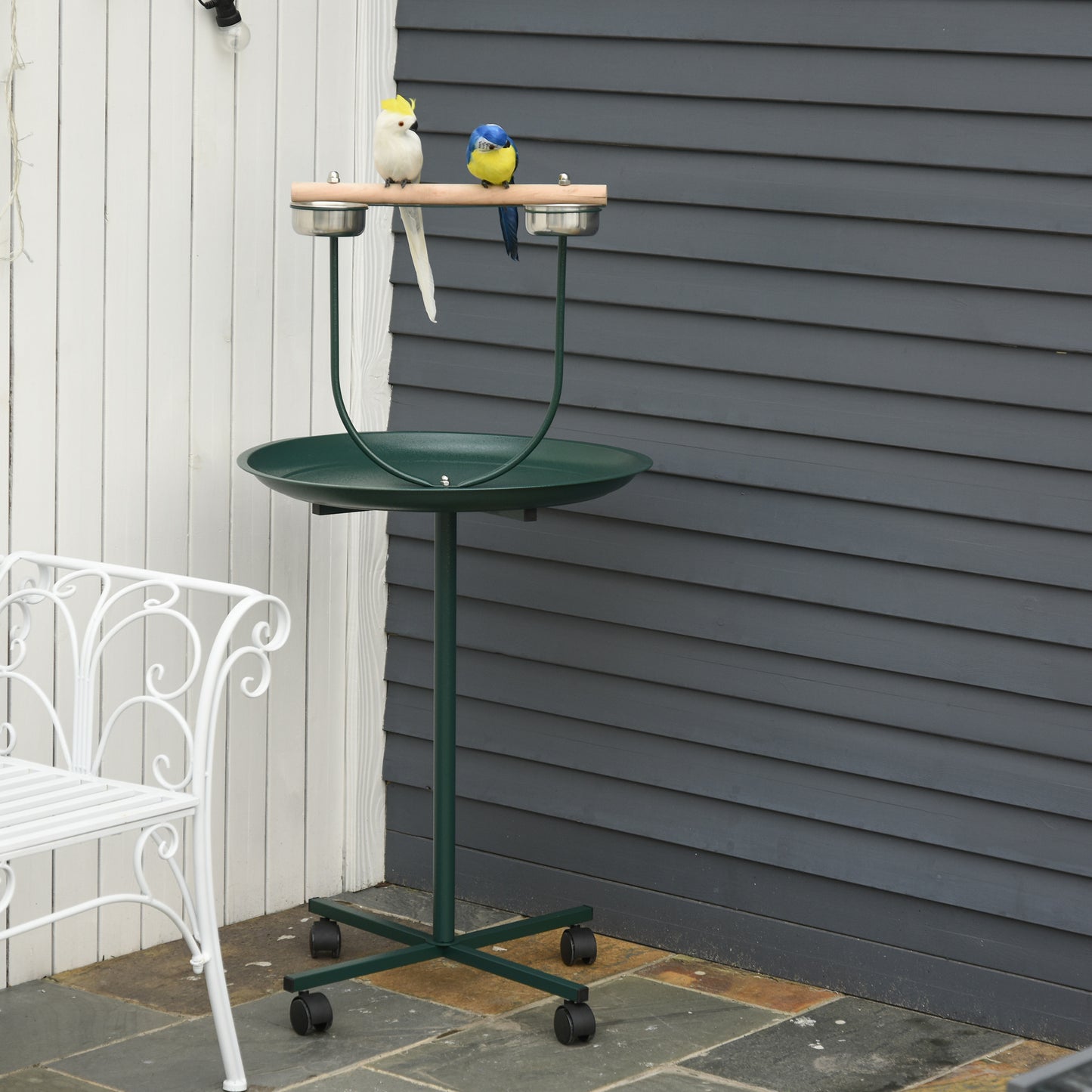 PawHut Bird Perch Stand With Four Wheels, Feeding Bowls, For Small, Medium Birds, Green