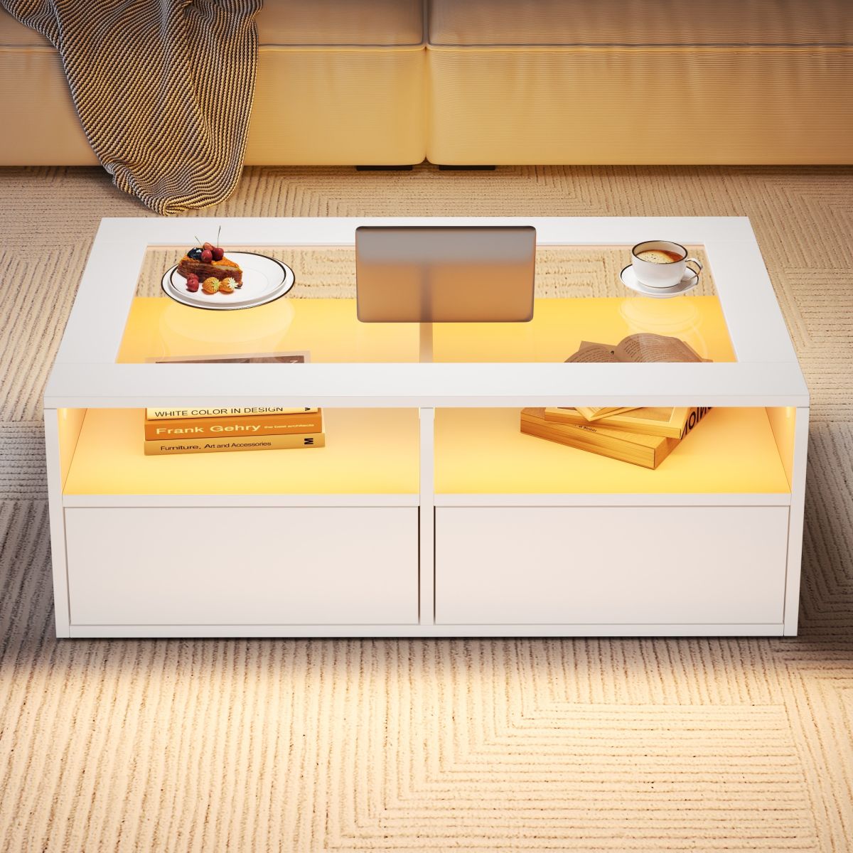 100x50x35cm Coffee Table With LED Light, Sofa Table With 2 Drawers, Glass Living Room Table, Tea Table Double Layer Design, Open Storage Space, Living Room Side Table, White