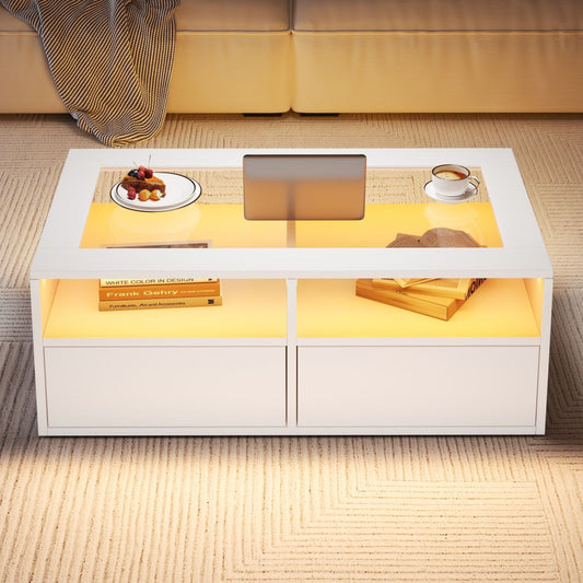 100x50x35cm Coffee Table With LED Light, Sofa Table With 2 Drawers, Glass Living Room Table, Tea Table Double Layer Design, Open Storage Space, Living Room Side Table, White
