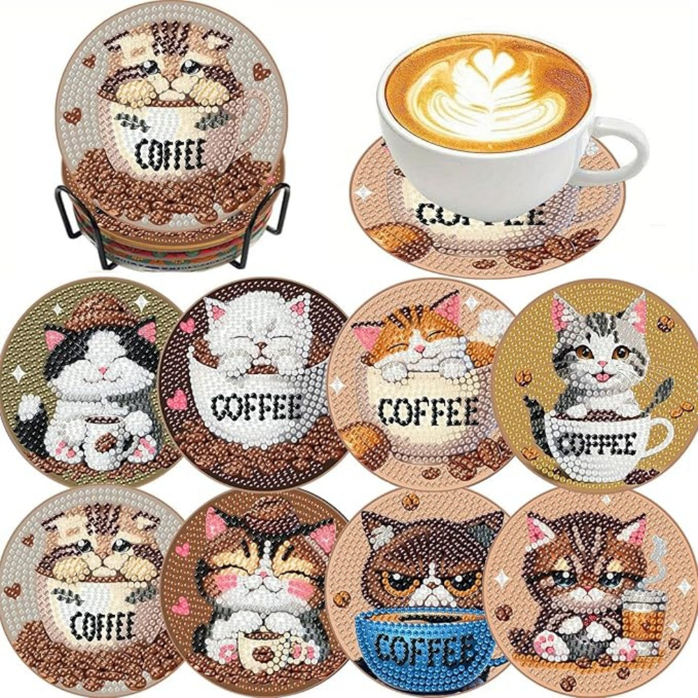 Diamond Art Drawing Coaster With Bracket, DIY Cat Pattern Diamond Art Coaster, Suitable For Adults And Beginners Diamond Drawing Kit, Diamond Kit Craft Supplies, Exquisite Gifts For Friends