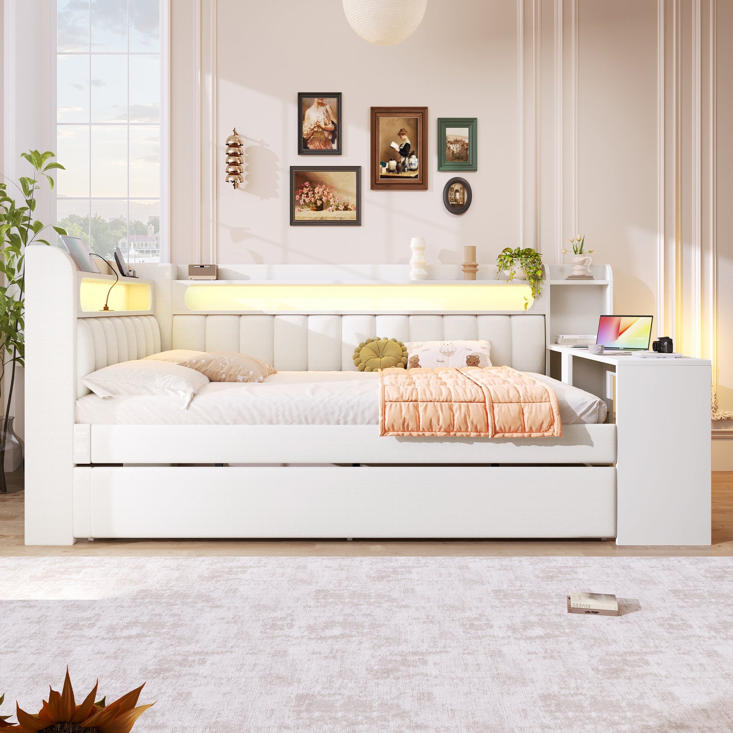 Padded 140x200 Daybed With USB Ports And LED Belt, With Trundle Bed And Desk, White