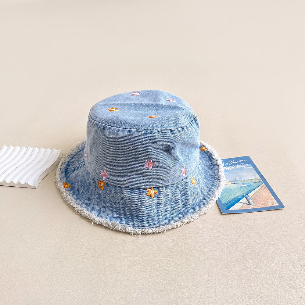 Retro Washed-edge Denim Fisherman Hat With Embroidered Strawberry Flowers And Washed-edge Trim. Outdoor Casual Sun Hat