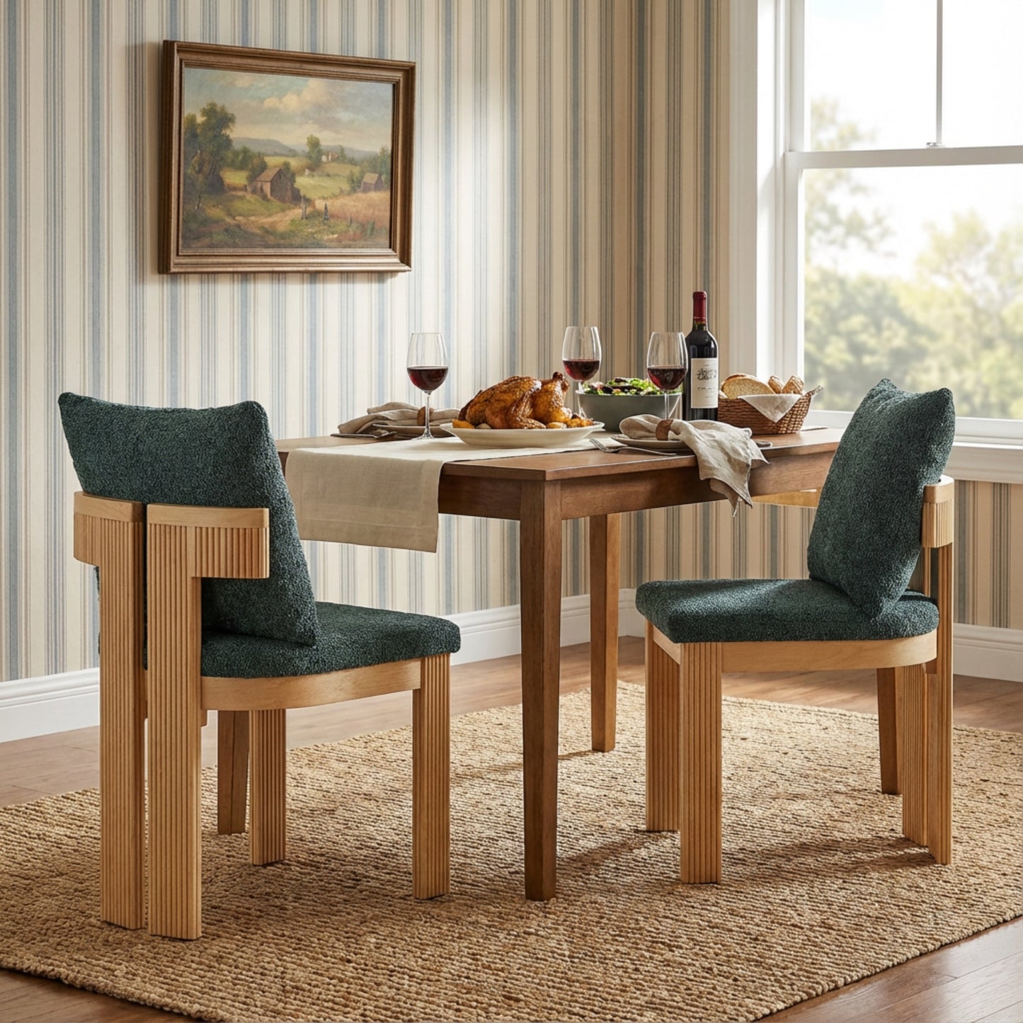 Indoor Boucle Dining Chair Set Of 2, Rubber Wood Frame, Plush Green Boucle Seating, 250lbs Weight Capacity For Kitchen & Dining Room