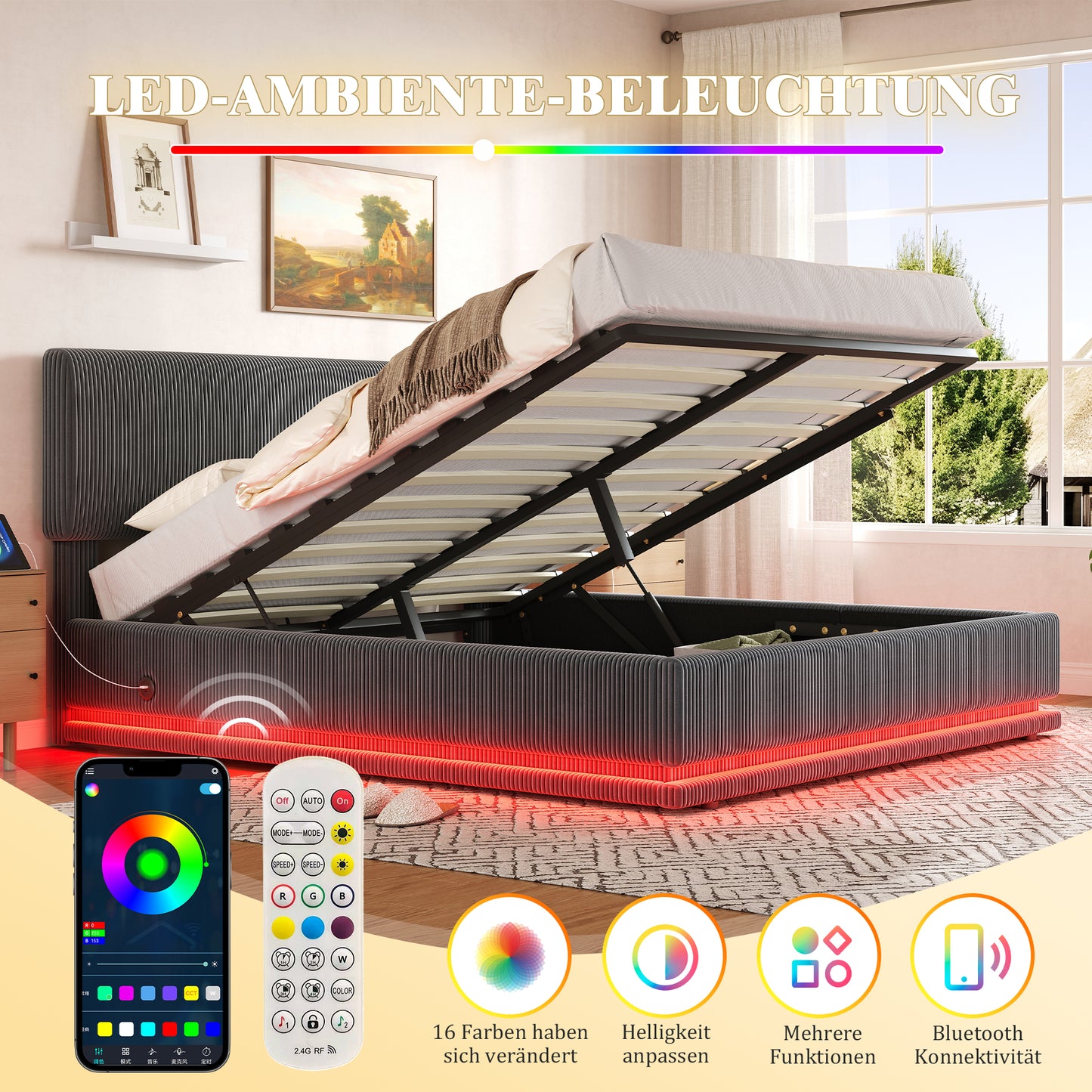 Modern Upholstered Beds With LED Lighting And USB-C Charging Function, Height-adjustable Headboard, Corduroy Fabric, Sturdy Slatted Frame, Large Underblanket Storage Space And Comfortable Upholstered