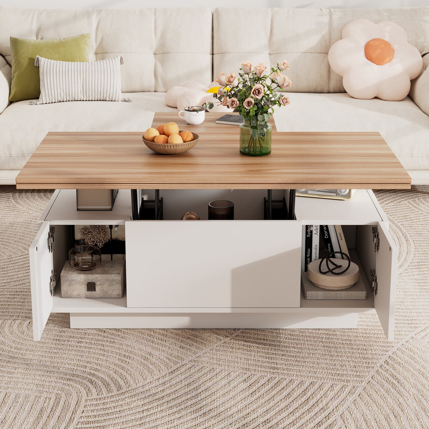 Lift Up Coffee Table With Hidden Storage, Centre Table With 2doors 2 Lifting Platforms, Lifting Sofa Side Table, Space-saving End Table, Tea Table, 100x50x55.5cm, White  Natural Wood, Particleboard