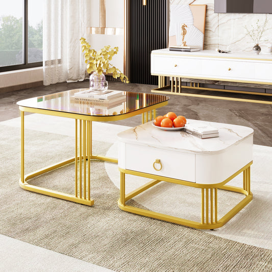 Stackable Coffee Table High-gloss Marble Look And Tea Brown Glass Top, Gold Accents, Side Table With Drawers. Two-piece Set