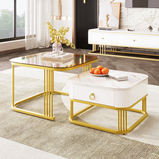 Stackable Coffee Table High-gloss Marble Look And Tea Brown Glass Top, Gold Accents, Side Table With Drawers. Two-piece Set