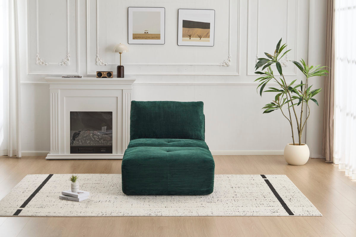 Modern Memory Foam Compressed Sofa,Single Chaise Longue For Living Room,Pet-Friendly Cloud Modular Sectional Sofa,Corduroy Fabric,Movable Ottoman,No Assembly Required,Green