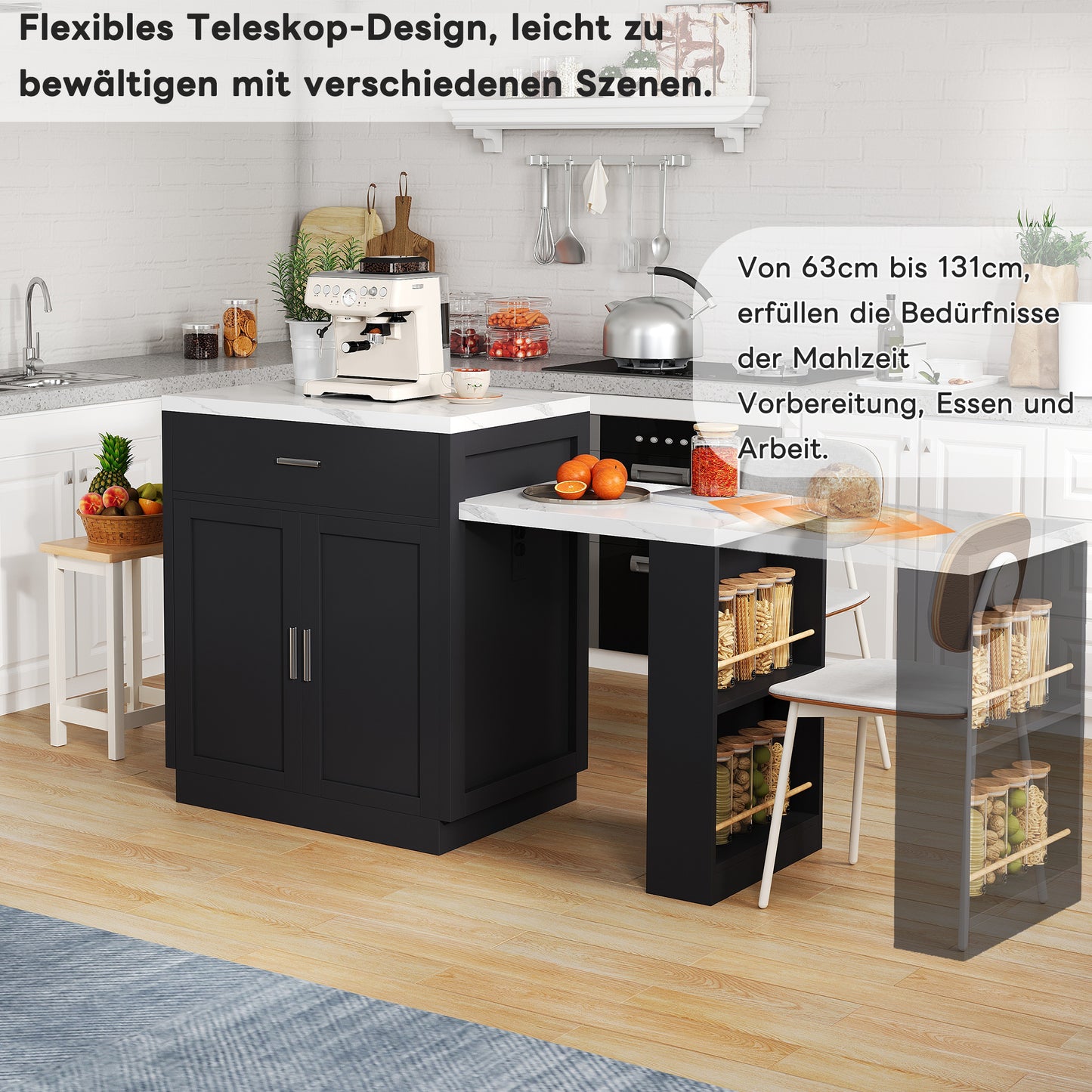 Kitchen Island With Extendable Dining Table For 4-6 People, Two-tone Kitchen Table, Socket, Storage Cupboard, 2 Drawers, 2 Shelves Open On The Sides
