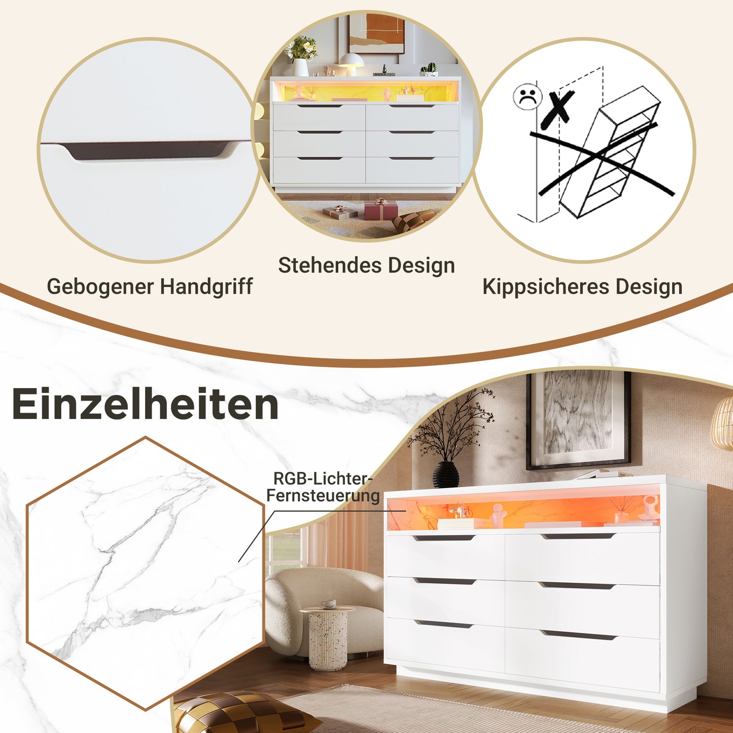 Sideboard, Chest Of Drawers With LED Lighting And 6 Drawers, Storage Compartment With Marble Grain, Modern Wardrobe For Living Room And Bedroom, 120x40x85cm, White