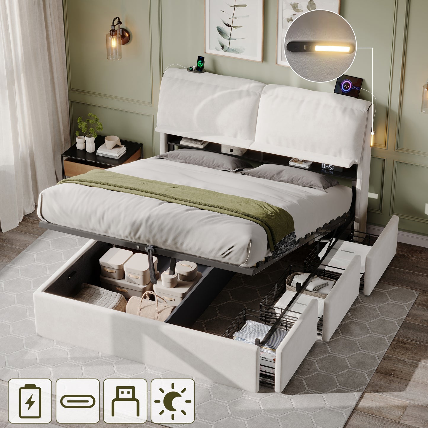 5ft King Bed With Hydraulic Storage, Velvet Upholstered Bed With Headboard Flip-top Storage And Drawers, Back Cushion Headboard With Charging Station And LED Night Light, Cream White  No Mattress