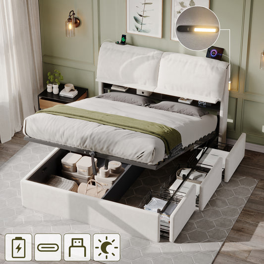 5ft King Bed With Hydraulic Storage, Velvet Upholstered Bed With Headboard Flip-top Storage And Drawers, Back Cushion Headboard With Charging Station And LED Night Light, Cream White  No Mattress