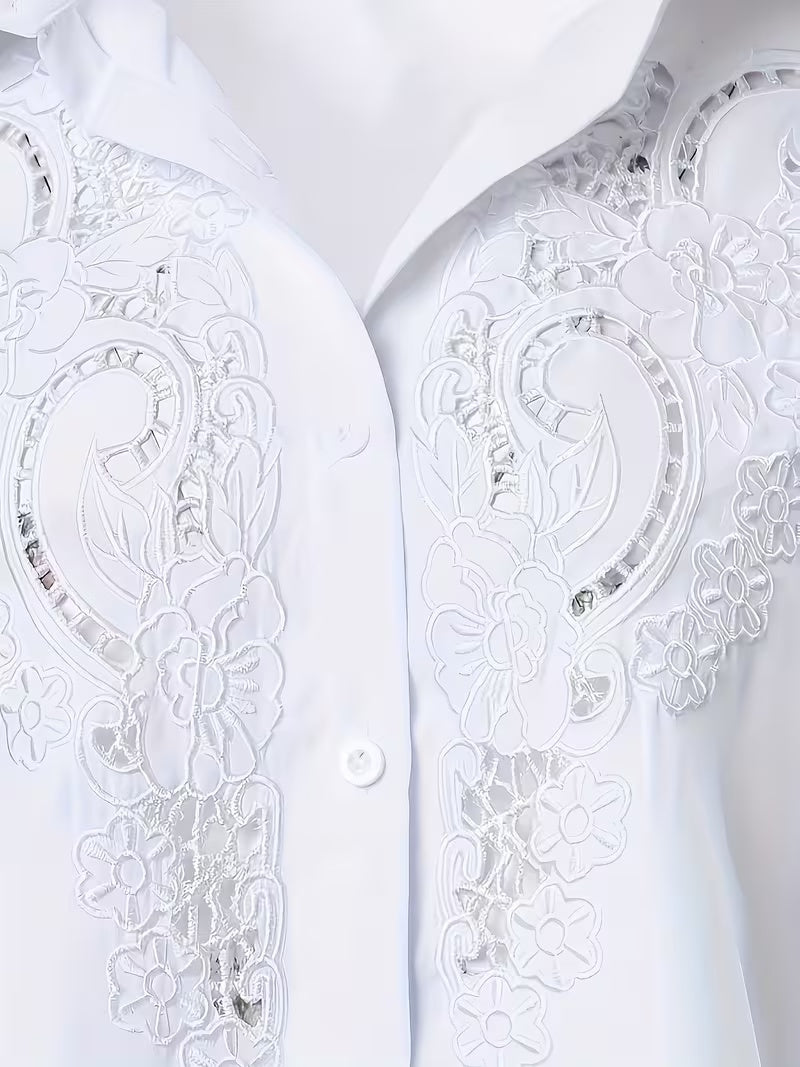 Plus Size  Women'S Plus Size Casual Fashion Temperament Elegant Comfortable Commute Vacation Versatile Embroidered Hollow Craft Solid Color Long Sleeve Shirt