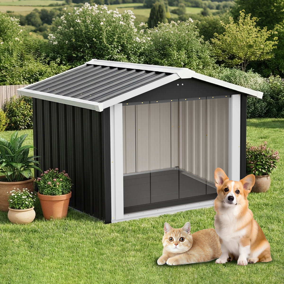 102x91x84cm Outdoor Dog House, Large Waterproof Pet House With Slanted Roof For Drainage, UV Protection & Ventilation, Weather Resistant Plastic Dog Kennel For  Patio Camping  Grey