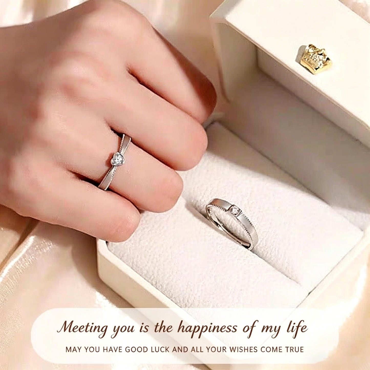 1 Pair 999 Sterling Silver Diamond Heart & Square Couple Rings, Minimalist Romantic Style, Perfect For Daily Wear & Valentine's Gifts