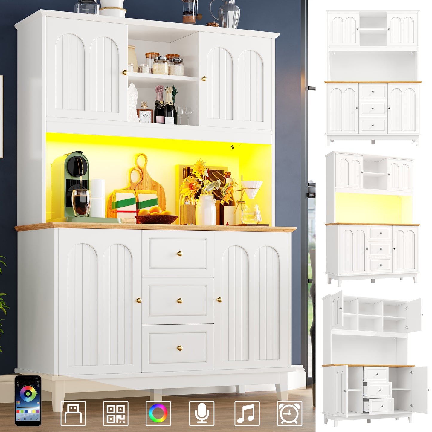 Pantry Cabinet With App Controlled LED Lights, 180cm Tall Kitchen Buffet Sideboard With 3 Drawers & Adjustable Shelves, Freestanding Storage Hutch For Dining Room & Kitchen