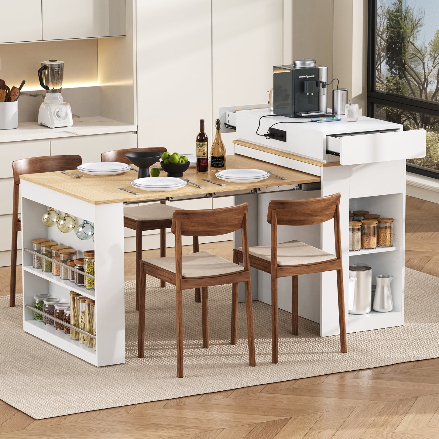 VIDEO TREXM Extendable Dining Table With Folding Tabletop  Bar Table With Drawers And Power Outlet  Kitchen Island With Wheels And Hooks  Sideboard For Kitchen And Dining Room  Creamy White Natural