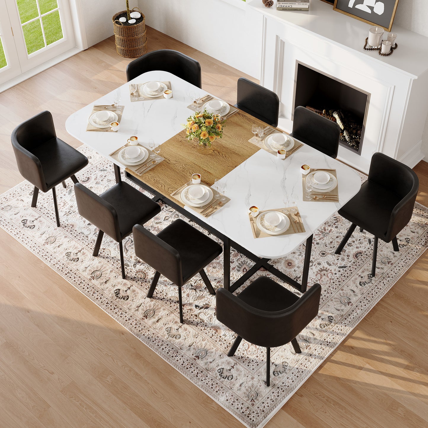 9-Piece Square Dining Table Set, Fixed White Faux Marble & Wood Grain Triamine Tabletop With 8 Black Faux Leather Chairs, Modern Kitchen Table Set For 8 People, Ideal For Family Gatherings